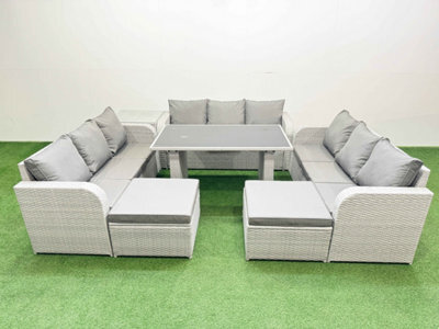 Fimous Patio Garden Furniture Sets With Black Glass Top Dining Table 3 Seater Sofa Side Table 2 Big Stool Light Grey - image 1