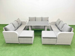 Fimous Patio Garden Furniture Sets With Black Glass Top Dining Table 3 Seater Sofa Side Table 2 Big Stool Light Grey - thumbnail 1