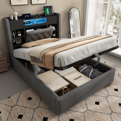 Btm 4Ft6 Double Storage Bed With Led Lighting And Charging Station, Linen Grey, 135 X 190 Cm - image 1