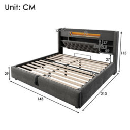 Btm 4Ft6 Double Storage Bed With Led Lighting And Charging Station, Linen Grey, 135 X 190 Cm - thumbnail 2