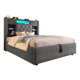 Btm 4Ft6 Double Storage Bed With Led Lighting And Charging Station, Linen Grey, 135 X 190 Cm - thumbnail 7