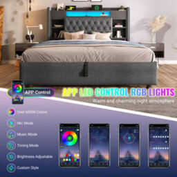 Btm 4Ft6 Double Storage Bed With Led Lighting And Charging Station, Linen Grey, 135 X 190 Cm - thumbnail 5