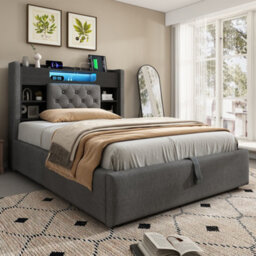 Btm 4Ft6 Double Storage Bed With Led Lighting And Charging Station, Linen Grey, 135 X 190 Cm - thumbnail 9