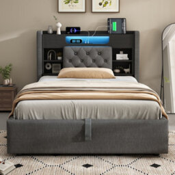 Btm 4Ft6 Double Storage Bed With Led Lighting And Charging Station, Linen Grey, 135 X 190 Cm - thumbnail 8