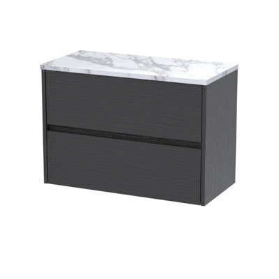 Nuie Havana Wall Hung 2-Drawer Vanity Unit & Worktop In Carrera Marble, Countertop Basin Unit, Graphite Grey Woodgrain, 800mm