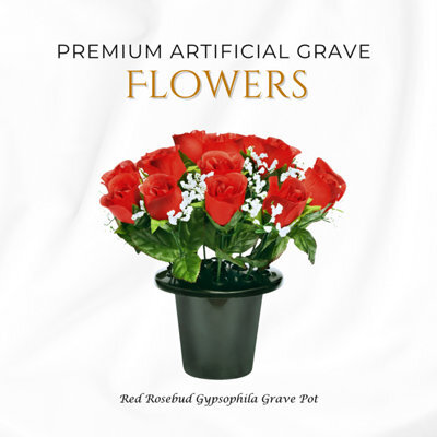 Premium Artificial Grave Flowers - 25Cm Red Rosebud With Gypsophila Memorial Vase Pot - image 1