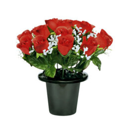 Premium Artificial Grave Flowers - 25Cm Red Rosebud With Gypsophila Memorial Vase Pot - thumbnail 3