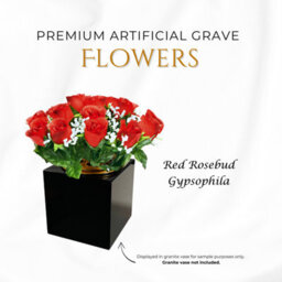 Premium Artificial Grave Flowers - 25Cm Red Rosebud With Gypsophila Memorial Vase Pot - thumbnail 4