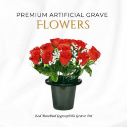 Premium Artificial Grave Flowers - 25Cm Red Rosebud With Gypsophila Memorial Vase Pot