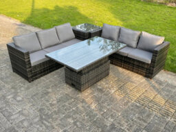 Fimous 6 Seater Outdoor Rattan Sofa Set Adjustable Rising Lifting Dining Table Side Tea Coffee Table Dark Grey Mixed - thumbnail 2