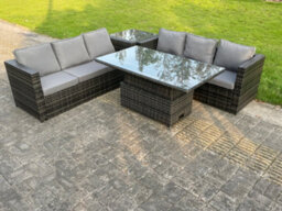 Fimous 6 Seater Outdoor Rattan Sofa Set Adjustable Rising Lifting Dining Table Side Tea Coffee Table Dark Grey Mixed - thumbnail 1