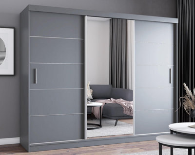 Fhif Dallas 250Cm Grey Sliding Door Wardrobe Modern Bedroom Storage With Full Length Mirror Shelves And Hanging Rails - image 1