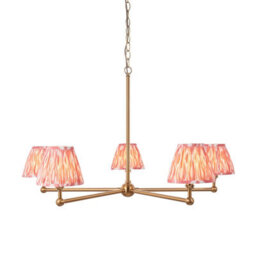 Loops Stunning 5-Light Pendant Ceiling Light In Brushed Aged Brass With Coral Pink Shades
