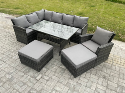 Fimous 9 Seater Outdoor Rattan Garden Furniture Set With Rectangular Dining Table 2 Big Footstool Armchiar Patio Corner Sofa Set - image 1