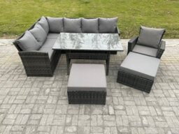 Fimous 9 Seater Outdoor Rattan Garden Furniture Set With Rectangular Dining Table 2 Big Footstool Armchiar Patio Corner Sofa Set - thumbnail 2