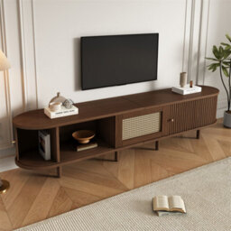 Abrihome Oak Effect Oval Tv Unit With Rattan Drawer, 180Cm Media Storage With 2 Sliding Doors & Rounded Corners, Supports 70-Inch Tvs - thumbnail 9
