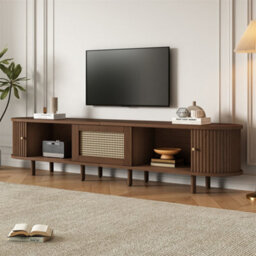 Abrihome Oak Effect Oval Tv Unit With Rattan Drawer, 180Cm Media Storage With 2 Sliding Doors & Rounded Corners, Supports 70-Inch Tvs - thumbnail 8