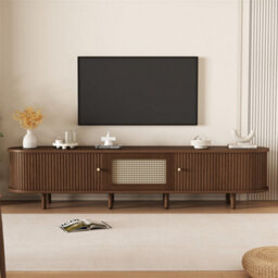 Abrihome Oak Effect Oval Tv Unit With Rattan Drawer, 180Cm Media Storage With 2 Sliding Doors & Rounded Corners, Supports 70-Inch Tvs - thumbnail 1