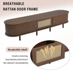 Abrihome Oak Effect Oval Tv Unit With Rattan Drawer, 180Cm Media Storage With 2 Sliding Doors & Rounded Corners, Supports 70-Inch Tvs - thumbnail 4