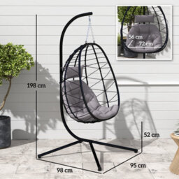 Outsunny Garden Egg Chair Outdoor Hanging Swing Chair, Folding Basket, Grey - thumbnail 3