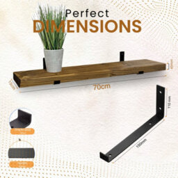 MKGT Narrow Rustic Shelf, 15Cm Deep Solid Wood Wall Shelf With Black Brackets (Tudor Oak, 70Cm) - thumbnail 2
