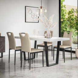 More4Homes Aria Dining Table And Chairs -  White Marble Effect Table Top W Black Legs + Monza Faux Leather Dining Chair Set Of 4 (Beige)