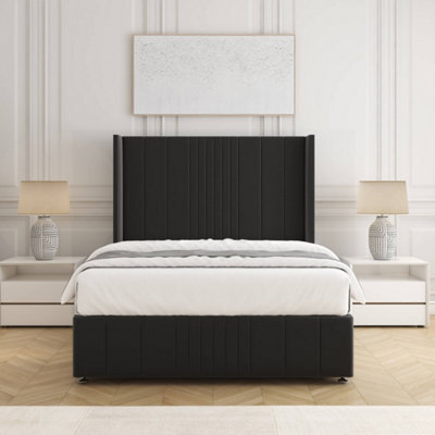 Bsspoke Elise Divan Bed Set Black Plush Velvet 54Inch Wingedback Headboard & Footboard & Mattress No Drawers In All Sizes - image 1