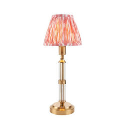 Luminosa Lighting Luminosa Morton Rechargeable Brushed Aged Brass Plate Table Lamp With Coral Pink Fabric Ikat Shade 16Cm Integrated Led