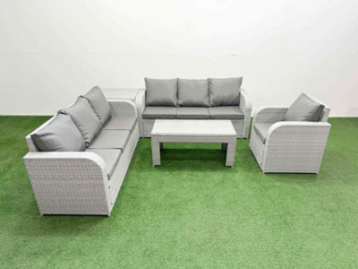 Fimous 7 Seater Poly Rattan Outdoor Garden Furniture Oblong Coffee Table Sofa Set Reclining Chair Side Table Light Grey - image 1