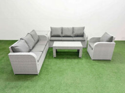 Fimous 7 Seater Poly Rattan Outdoor Garden Furniture Oblong Coffee Table Sofa Set Reclining Chair Side Table Light Grey - thumbnail 1