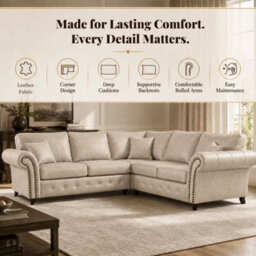 Gamzo Outlet Corner Sofa Full Back Leather Couch With Strong Wooden Frame And Padded Curved Arms - thumbnail 2