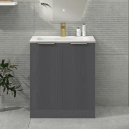 Royal Bathrooms Evora 700mm Graphite Grey Fluted Floor Standing Bathroom Vanity Unit 2 Door Cabinet With Stone Basin & Brushed Brass Handles - thumbnail 1