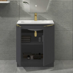 Royal Bathrooms Evora 700mm Graphite Grey Fluted Floor Standing Bathroom Vanity Unit 2 Door Cabinet With Stone Basin & Brushed Brass Handles - thumbnail 3