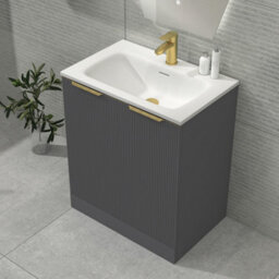 Royal Bathrooms Evora 700mm Graphite Grey Fluted Floor Standing Bathroom Vanity Unit 2 Door Cabinet With Stone Basin & Brushed Brass Handles - thumbnail 4