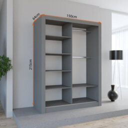 Fhi Wales 150Cm Grey Sliding Door Wardrobe Modern Bedroom Storage With Shelves And Hanging Rails - thumbnail 2