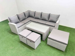 Fimous Rattan Garden Furniture Set Outdoor 9 Seater Corner Sofa Sets With Oblong Coffee Table 3 Footstools Light Grey Mixed - thumbnail 2