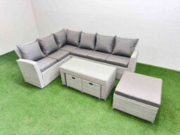 Fimous Rattan Garden Furniture Set Outdoor 9 Seater Corner Sofa Sets With Oblong Coffee Table 3 Footstools Light Grey Mixed - thumbnail 1