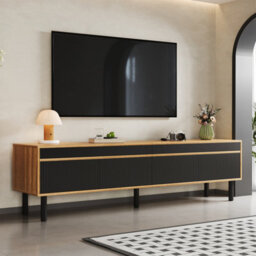 Btm Tv Cabinet, Tv Table, Tv Panel, Low Cabinet With Three Doors. Fine Texture. Black And Wood Color. - thumbnail 1