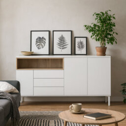Wyld Haus Indigo Sideboard 3 Drawers 3 Doors White And Natural Oak Effect - thumbnail 1