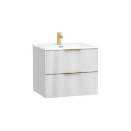 Royal Bathrooms Evora 600mm Matt White Fluted Wall Hung Bathroom Vanity Unit 2 Drawer Cabinet Storage With Ceramic Basin & Brushed Brass Handles - thumbnail 7