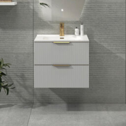 Royal Bathrooms Evora 600mm Matt White Fluted Wall Hung Bathroom Vanity Unit 2 Drawer Cabinet Storage With Ceramic Basin & Brushed Brass Handles