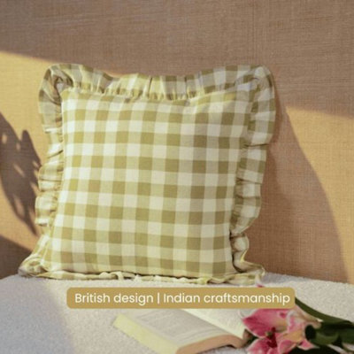 Anna Michelle Designs Checked Cotton Cushion Cover With Frill Lively Green With Pad - image 1