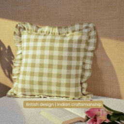 Anna Michelle Designs Checked Cotton Cushion Cover With Frill Lively Green With Pad