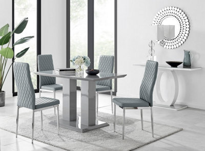 Furniturebox Imperia Grey High Gloss 4 Seater Dining Table With Structural 2 Plinth Column Legs 4 Grey Faux Leather Silver Leg Milan Chairs - image 1