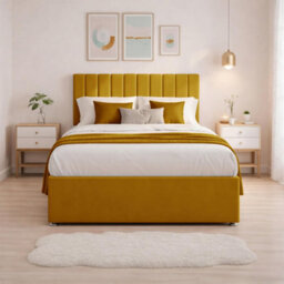 "5Ft Luxury Yellow Plush Divan King Size Bed Frame With Mattress, 20"" Vertical Line Headboard, Bed With 2 Storage Drawers" - thumbnail 2