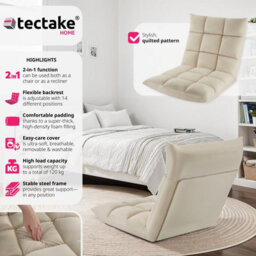Tectake Recliner Snooze - 2 In 1 Armchair Or Lounger, Velvet, 14-Step Adjustable Backrest  - Beige, 1 - thumbnail 2