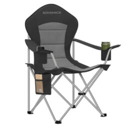 LEDREM Camping Chair, Folding Outdoor Chair With Wide Seat And High Back, Phone Holder And Side Pocket, Black And Grey - thumbnail 3