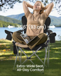 LEDREM Camping Chair, Folding Outdoor Chair With Wide Seat And High Back, Phone Holder And Side Pocket, Black And Grey - thumbnail 4