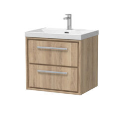 Hudson Reed Lille Wall Hung Two Drawer Contemporary Vanity Unit With 1 Tap Hole Basin In Bleached Oak, 610 X 460mm - thumbnail 2