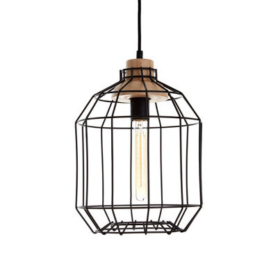 Orsina Black Iron Cage Pendant Light, Geometric Wire Frame Ceiling Lamp, Decorative Light With Wooden Bulb Mount - image 1